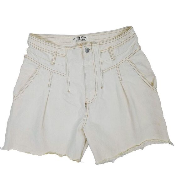 We The Free People Jean Shorts 27 Beige High Waisted Raw Hem Denim Mom Short - Picture 1 of 6